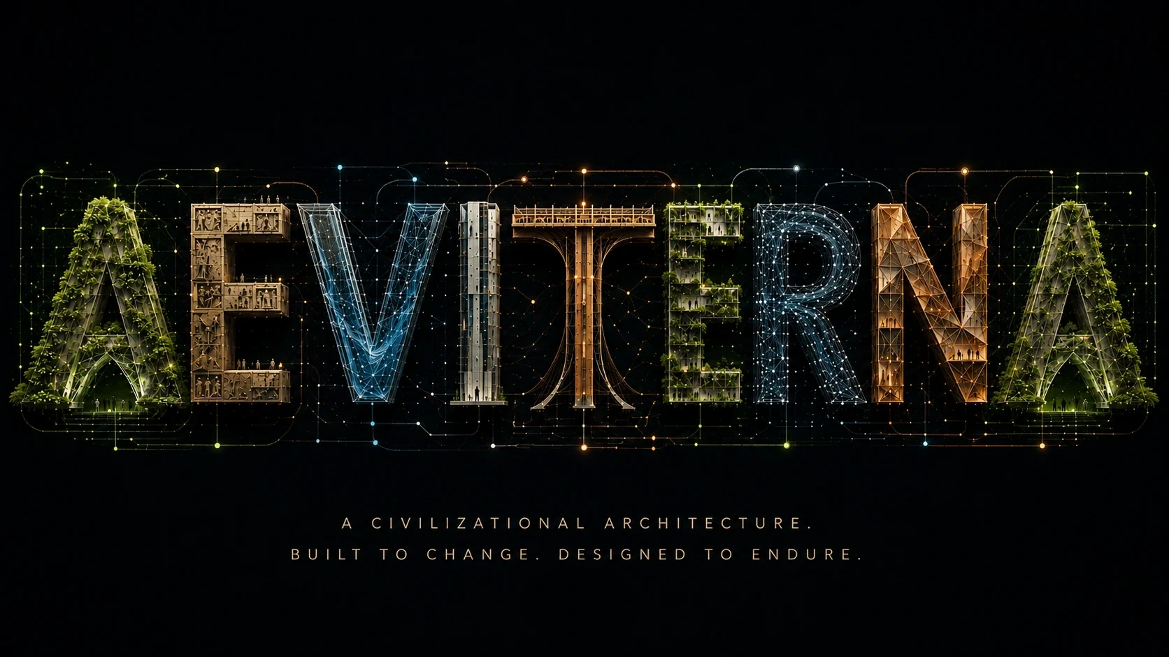 The Aeviterna cover: the word AEVITERNA in tall letters formed from circuitry, forest, and flowing water, set against a dark field of constellation-like network nodes. Tagline: a civilizational architecture, built to change, designed to endure.